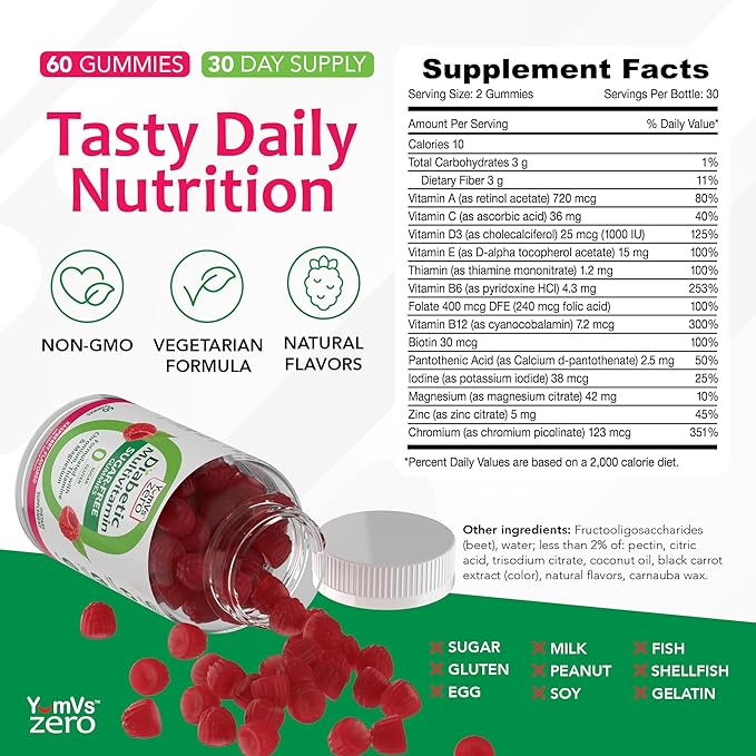 YUM-V'S Multivitamin for Women & Men – Sugar Free Multivitamin Gummies – Zero Sugar Gummy with Chromium, Thiamine & Magnesium – Keto-Friendly Daily Vitamin Gummy – Raspberry (60 Count (Pack of 2))
