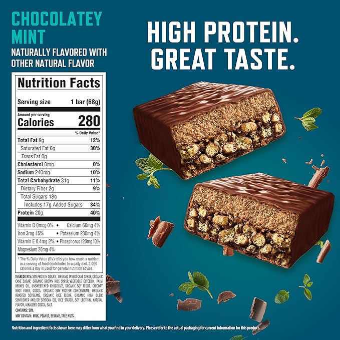 CLIF BUILDERS Protein Bars - Chocolatey Mint - 20g Plant Based Protein - Gluten Free - Non-GMO - Low Glycemic - No Artificial Sweeteners - 2.4 oz. (12 Pack)
