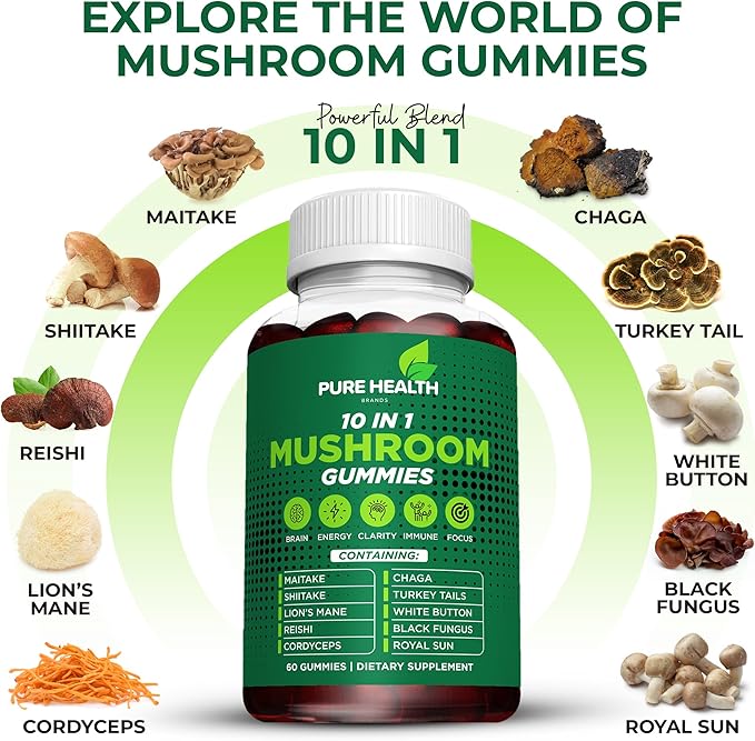11-in-ONE Mushroom Complex Gummies - 10x Mushroom Supplement W Lions Mane - Nootropic Brain Supplement, Immune Support, All Natural 60 Count Gummies.
