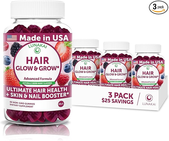 Lunakai USA Made Super Hair Gummies with Biotin, Zinc, Horsetail Extract & Saw Palmetto - Hair Growth Vitamins for Women & Men – Supports Thicker, Longer, Stronger Tresses, Skin & Nails - 3 Pack