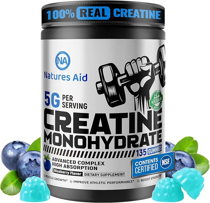 Natures Aid Creatine Monohydrate Gummies (5g) – Pre-Workout Energy & Muscle Growth Support for Men & Women | Blueberry Electrolyte Gummies (135 Count)