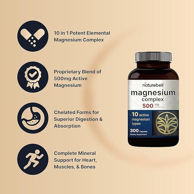 Magnesium Complex 500mg, 300 Capsules | 10-in-1 Magnesium Glycinate, Citrate, Malate & More | Chelated Form for Easy Absorption | Non-GMO