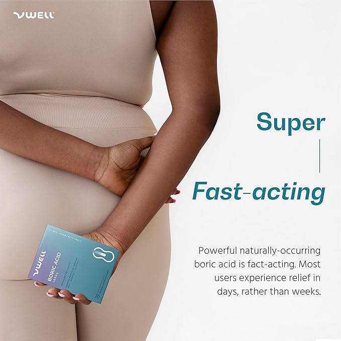 VWELL Boric Acid Vaginal Suppositories - Homeopathic Solution Maintains and Balances Healthy Vaginal pH & Microbiome Intimacy - Doctors Recommended (One Size, 60, Count)