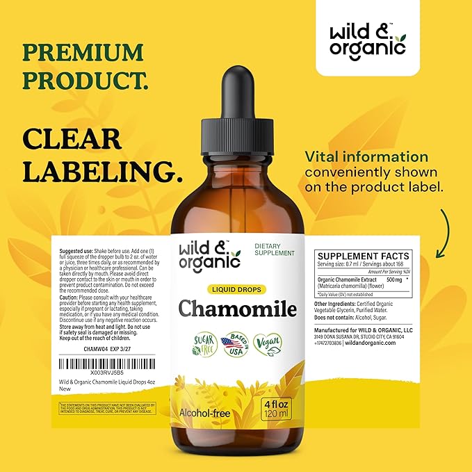 Wild & Organic Chamomile Flowers Drops - Add to Tea for Relaxation Support - 500 mg Chamomile Extract Liquid Drops - Calming Herbal Supplement - 56-Day Supply - Vegan, Sugar & Alcohol-Free - 4 fl oz