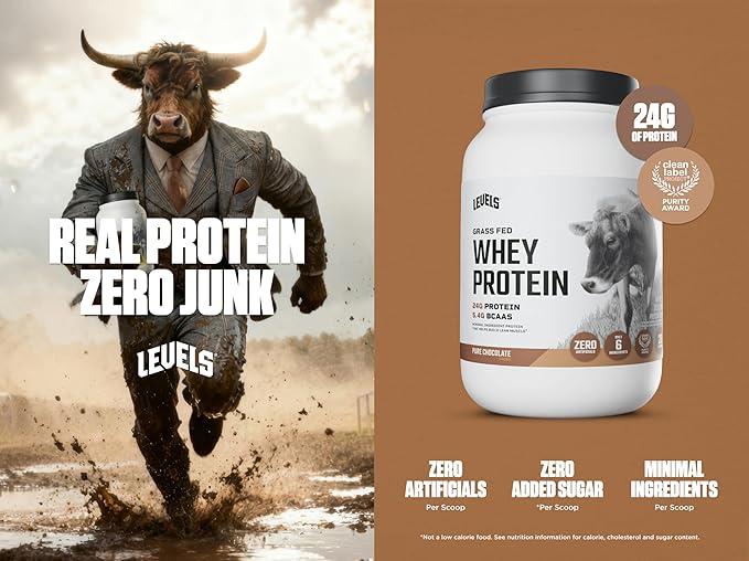Levels Grass Fed Whey Protein Powder, No Artificials, 24G of Protein, Pure Chocolate, 2LB