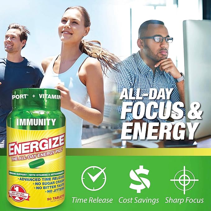 iSatori Energize Immunity Caffeine Pills - Keto Friendly Vitamin A, B12, C, D, & E Supplement + Fast Acting Energy Pill - Daily Immune Support, Super Greens, All Day Energy, No Jitters - 90 Tablets