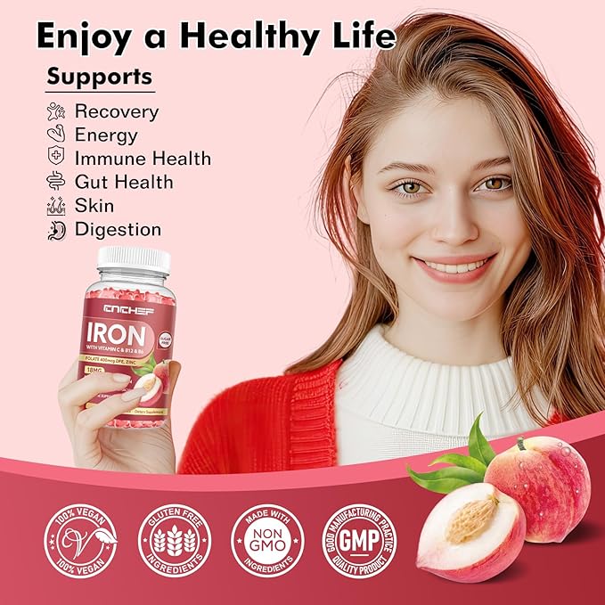 2PCS Iron Supplement for Women & Men Gummies, Multivitamin Blood Builder Iron Supplement with Folate Vitamin C B12 B6 Zinc for Adults & Kids - Energy Support - Peach Flavor, Vegan 120 Gummies