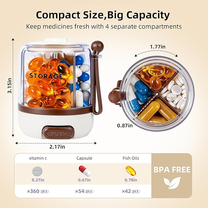 4 Compartments Pill Bottle Organizer, Anti-Mix Travel Pill Dispenser with Safety Lock, Pill Case with 16pcs Labels, Cute Pill Organizer for Seniors, Caregivers & Daily Vitamin Management(Brown)