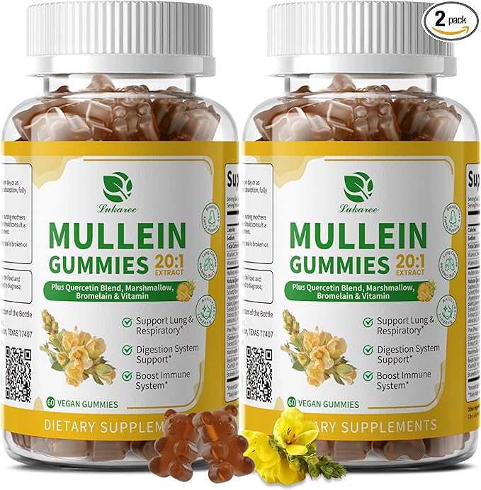 (2 Pack) 9 in 1 Mullein Gummies for Lung Cleanse & Lymphatic Drainage*, Extra Strength Mullein Leaf Extract w/Quercetin, Bromelain, Elderberry & Marshmallow for Respiratory & Immunity,Vegan,120 Count