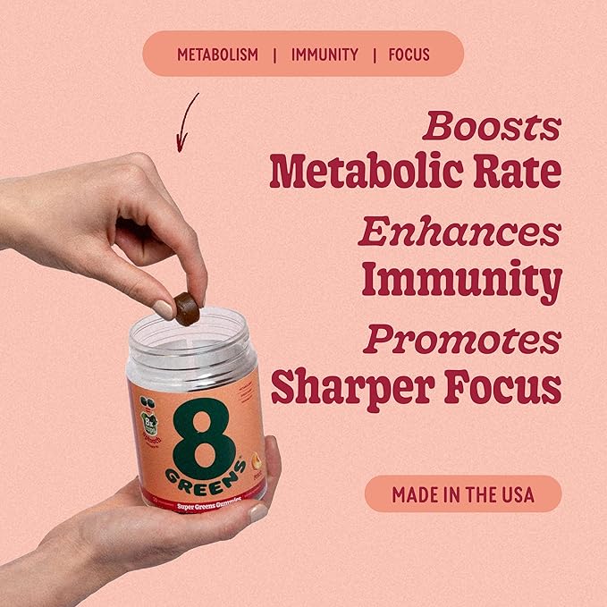 8Greens Supergreens Gummies | Superfood Gummy for Metabolism, Immunity & Focus, Digestive Health Enzymes, Organic: Chlorella, Spirulina, Aloe Vera, Peach Flavor, 100 Count