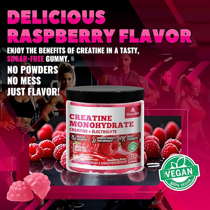 Creatine Monohydrate Gummies (5g) – Pre-Workout Energy & Muscle Growth Support for Men & Women | Raspberry Electrolyte Gummies (135 Count)