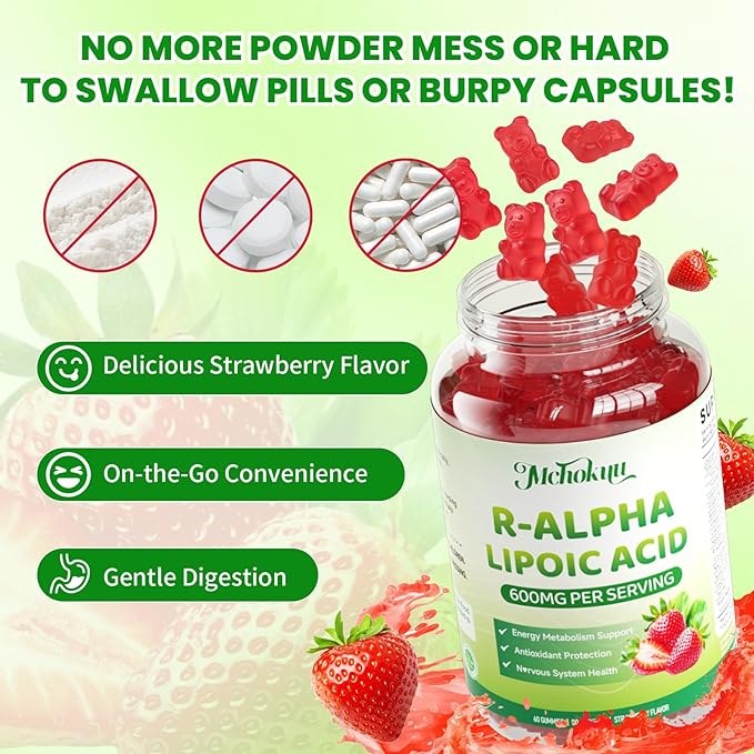 R Alpha Lipoic Acid 600mg Gummies, Stabilized R-Alpha Lipoic Acid, ALA Supplement for Nerve Health, Antioxidant & Metabolism Support- Vegan, Non-GMO, Gluten Free, Strawberry Flavor - 60 Count
