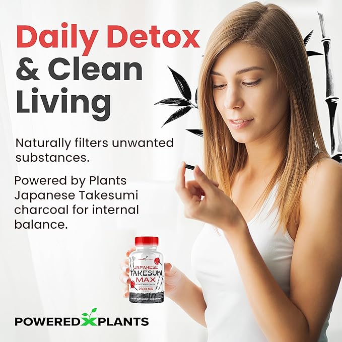 Takesumi Activated Charcoal Capsules 2500MG - Pure Activated Charcoal Supplement from Bamboo for Max Absorption, Detox & Gut Nutrition - 120 Vegetarian Capsules by Powered X Plants
