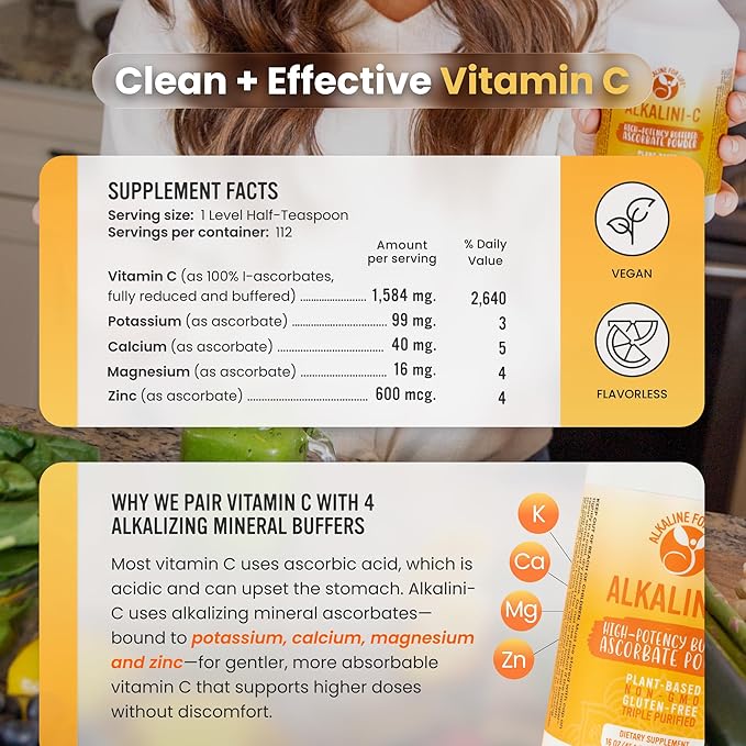 Alkaline for Life Alkalini-C Buffered Vitamin C Powder, L-Ascorbate Mineral Ascorbates with Calcium Magnesium Potassium and Zinc, Corn-Free Non-GMO Easy-Mix pH-Balanced Daily Wellness Support, 16 oz