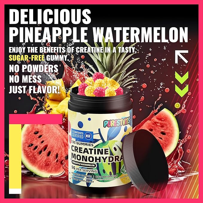 NSF Certified Creatine Gummy 5g - Creatine Monohydrate Gummies – Pre-Workout Energy & Muscle Growth Support for Men & Women | Pineapple Watermelon Electrolyte Gummies (135 Count)