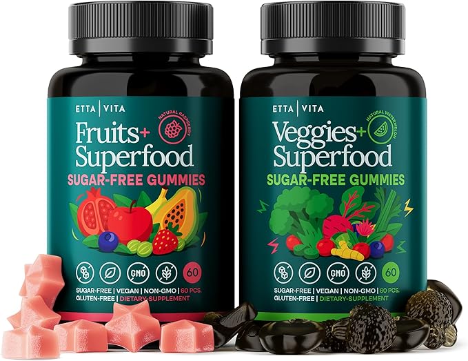 Everyday Debloat & Detox Sugar-Free Fruits and Veggies Gummies - Energy Support with Superfood Fruit and VegetableSupplement (120 Chews) Cruelty-Free, Vegan, Gluten-Free, Fruit and Vegetable Vitamin