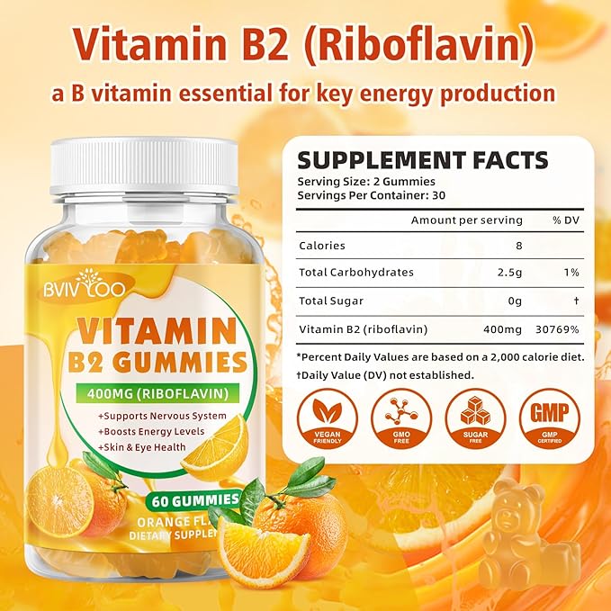 Vitamin B2 Gummies - Riboflavin 400mg for Kids & Adults, Migraine Relief & Headache Relief, Vegan, Sugar-Free, Orange Flavor, 60 Gummies