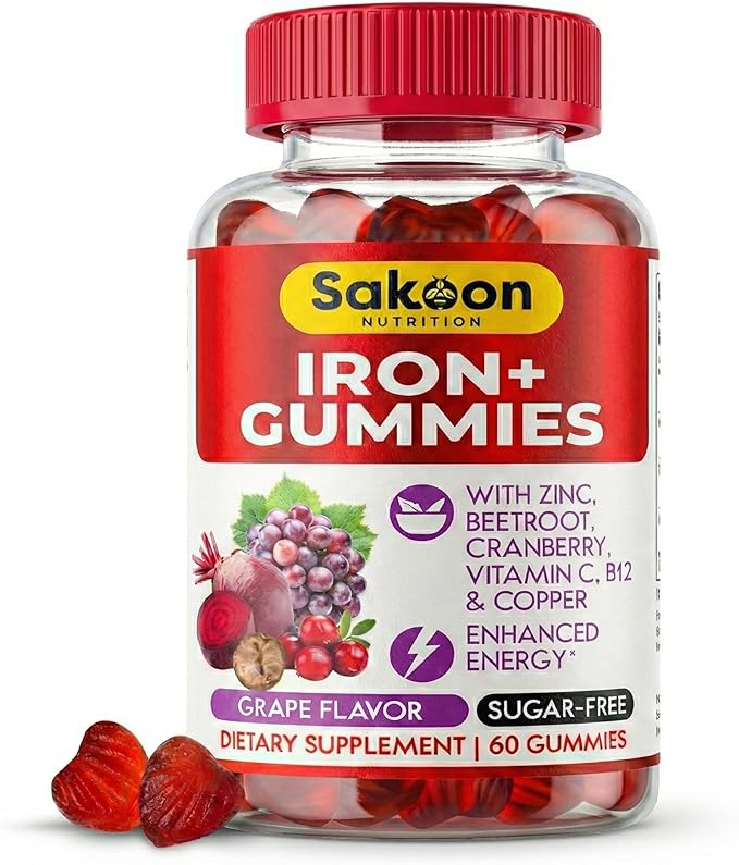 Sakoon Nutrition Iron Gummies for Women & Men | 60 Count Sugar Free Grape Flavour Vegan Iron Gummies with Vitamin C, B12 & Zinc | Support for Bones Strength, Energy & Blood Health | 2Count Per Serving