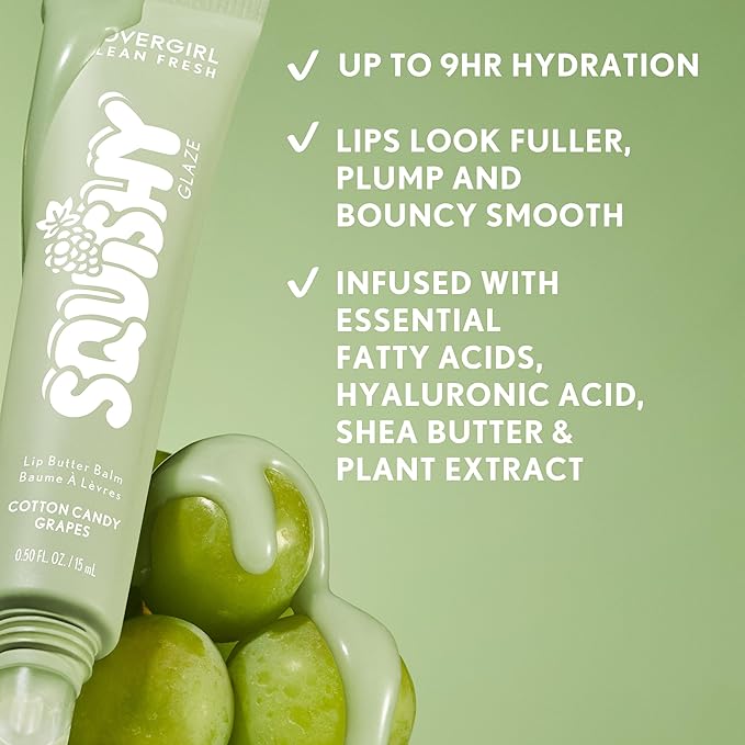 COVERGIRL Clean Fresh Squishy Glaze™ Lip Butter Balm, Flavored, Non-Sticky, with Vitamin E & Shea Butter – 120 Cotton Candy Grapes (Sheer Mint)