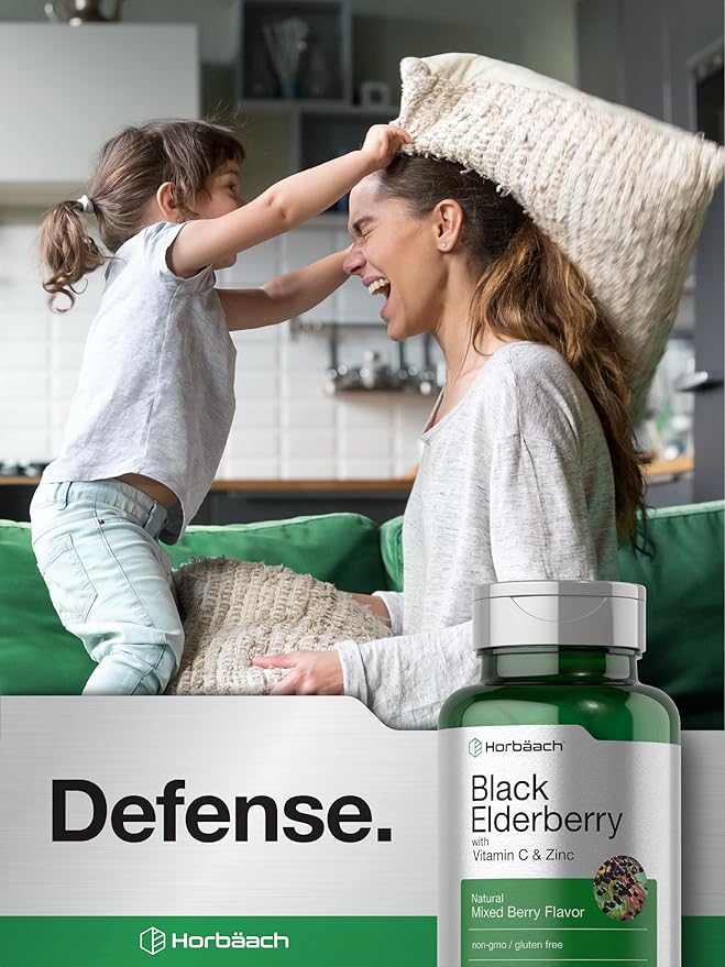 Horbaach Black Elderberry with Vitamin C and Zinc | 90 Chewable Tablets | Mixed Berry Flavor | Immune Support Complex | Vegetarian, Non-GMO, and Gluten Free Supplement