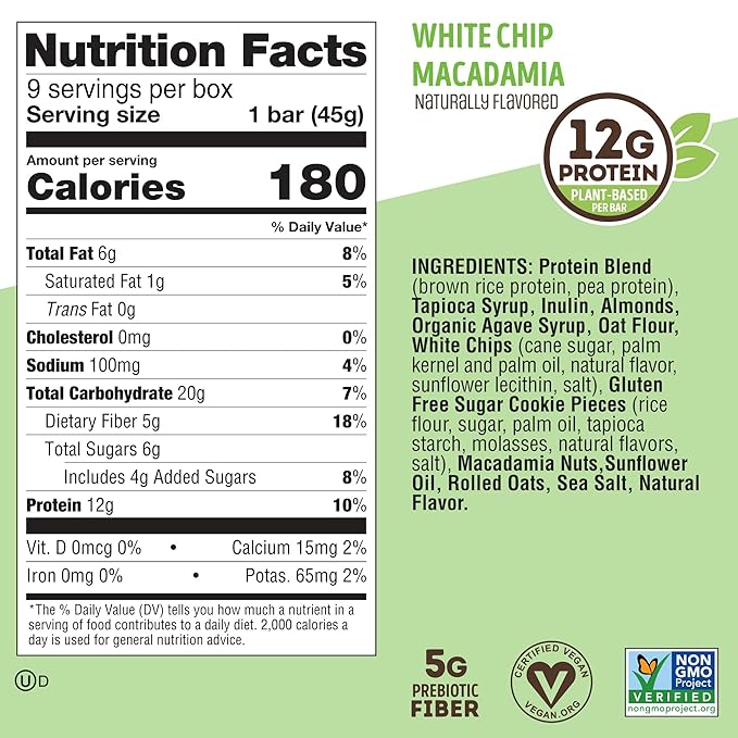 Lenny & Larry's Cookie-fied Protein Bar – White Chip Macadamia Vegan Protein Bars 9x45g – Healthy Snacks with 12g Plant Protein & 5g Fiber – Gluten-Free Power Bar, Non-GMO & Vegan