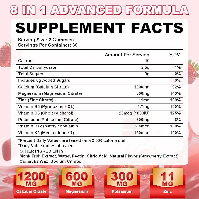 Calcium Citrate Gummies - Chewable Calcium Gummies for Bone, Muscle, Teeth, Immune Support, High Absorption Calcium Supplements for Women & Men Sugar Free Strawberry Flavor 120 Count