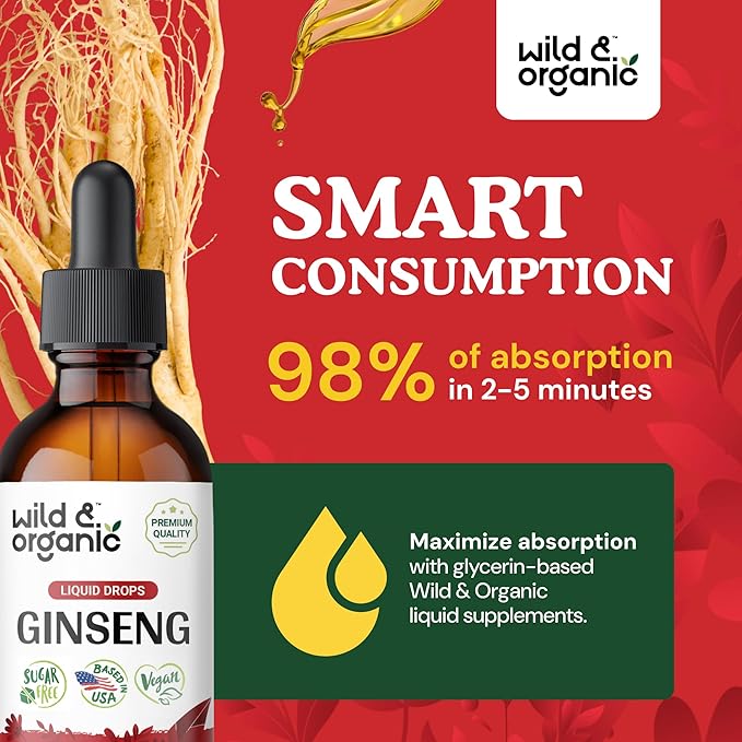 Wild & Organic Korean Red Ginseng Extract Drops - Immune Support - Panax Ginseng Supplement - Add to Tea Liquid Root Tincture - Vegan, Sugar & Alcohol-Free - 2 fl oz