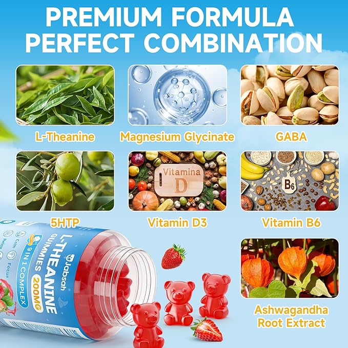 L-Theanine Gummies for Kids & Adults, L Theanine Supplement with Magnesium Glycinate, Ashwagandha, GABA, 5HTP for Calm, Relax, Zzz & Focus Support, Vegan Strawberry Flavor, 120 Count