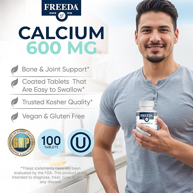 FREEDA Calcium 600 mg – Bone, Joint and Teeth Support – 600mg Pure Calcium Supplements for Women & Men – Healthy Muscle and Nerve Function – GF, Easy-to-Swallow Coated Tablets (100 Ct)
