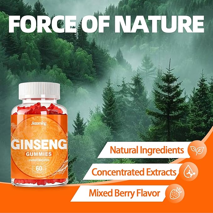 Panax Ginseng Gummies for Men and Women, 1500mg Ginseng Root Extract Boost Energy, Pectin-Based Mixed Berry Flavor Chews, 60 Count