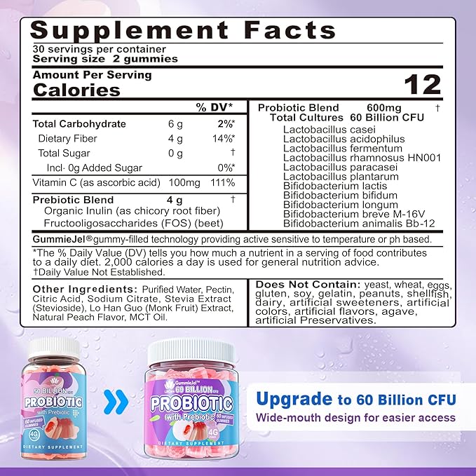 Probiotic Gummies for Women Men, 60 Billion CFU Probiotics + Prebiotics Gummy Sugar Free, 11 Strains for Digestive Health, Supports Constipation, Diarrhea, Gas & Bloating - Peach Flavor, Vegan, 120ct