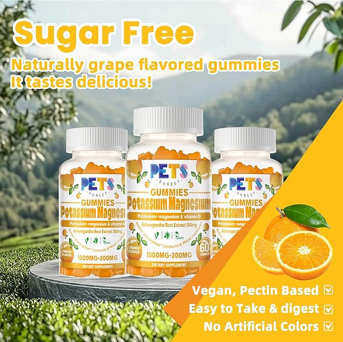 Potassium Magnesium Gummies - High Absorption Magnesium Glycinate & Potassium Citrate Plus Omega 3, B6, D3, K2 & Calcium - Chewable Gummy for Leg Cramps, Immunity & Energy Orange 120 Gummies