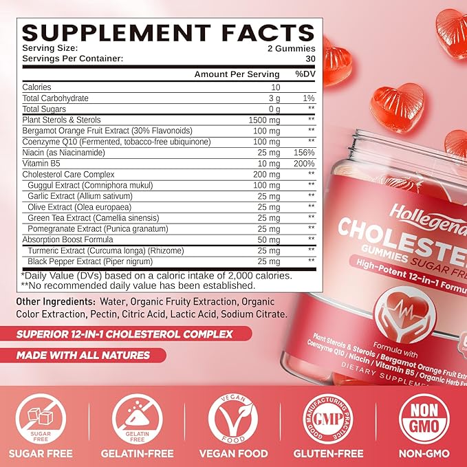 Cholesterol Gummies Sugar-Free,12-in-1 Cholesterol Supplements with Plant Sterols,Citrus Bergamot,CoQ10 and Vitamins for Cholesterol Health, Vegan, Mixed Berry Flavor, 60 Counts