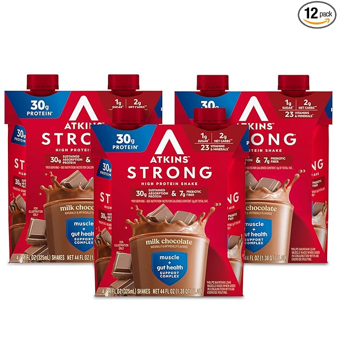Atkins Strong High Protein Shake, Milk Chocolate, 30g Protein, 7g Prebiotic Fiber, 1g Sugar, GLP-1 Support, Muscle & Gut Health Support Complex, 12 Count