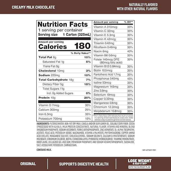 SlimFast Meal Replacement Shake, Original Creamy Milk Chocolate, No Added Sugar, Meal Replacement Shakes, 10g Ready to Drink Protein, 5g Fiber, 25 Vitamins and Minerals, 11 Fl. Oz, 12 Count