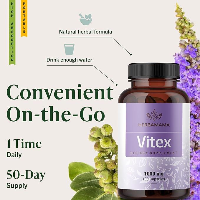 HERBAMAMA Vitex Berry Capsules – Natural Menopause Supplements* for Women – 1000mg Vitex Chasteberry Fruit per Serving for Menopause Support* – Vegan, Non-GMO – 50-Day Supply