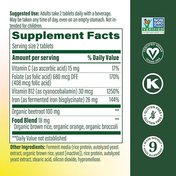 MegaFood Blood Builder Iron Supplement for Women & Men - Increase Iron Levels Without Side Effects - Combats Fatigue - Vitamin B12, Folic Acid & Vitamin C - Vegan - 60 Mini Tablets (30 Servings)