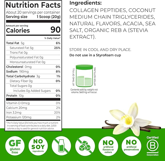 Orgain Keto Collagen Protein Powder, Vanilla - 10g Grass Fed Hydrolyzed Collagen Peptides for Women & Men, Type I & III, 5g MCT Oil - Hair, Skin, Nail, & Joint Support, Non-GMO, Gluten Free - 0.88lb