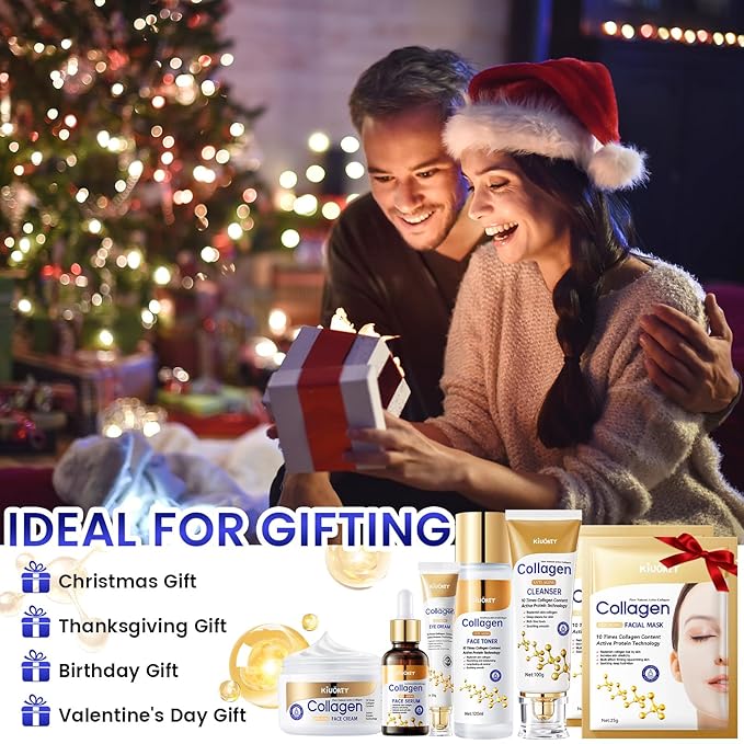 Collagen Skin Care Set - 7PCS Moisturizing Skin Care Set Reduce Wrinkles & Fine Lines, Long-Lasting Oil Control, Firm Skin - With Cleanser, Toner, Serum, Eye Cream, Face Cream & Facial Masks
