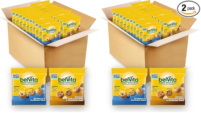belVita Energy Snack Bites Variety Pack,Banana Dark Chocolate & Sunflower Seed,Blueberry & Sunflower Seed,15 Snack Packs,(Pack of 2)