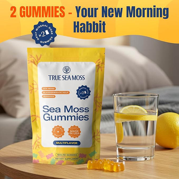 TrueSeaMoss Sea Moss Gummies with Bladderwrack & Burdock Root – Vegan Formula for Adults & Kids – Fruity Flavor – 60 Gummies (Pouch May Vary)