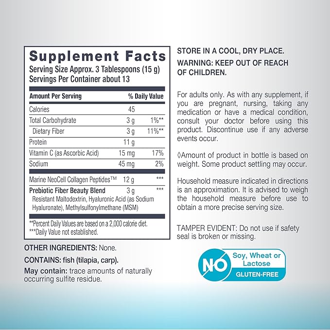 NeoCell Marine Collagen Peptides Powder | 7 oz | Unflavored Supplement | with Vitamin C and MSM | Plus Hyaluronic Acid | Prebiotic Fiber Beauty Blend | Hair, Skin, & Nails | for Women and Men
