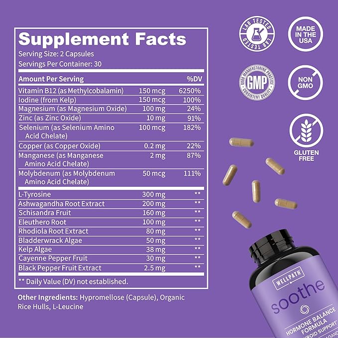 WellPath Soothe Hormone Balance for Women + Cortisol Supplements for Women | Thyroid Support, Mood Support, & Metabolism Booster | Adrenal Support | Rhodiola, Selenium, Iodine | Adaptogens, 60 ct