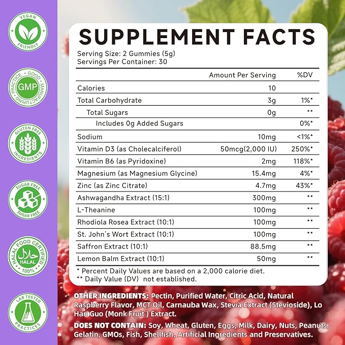 Saffron Supplement Gummies for Kids & Adults Supports Antioxidant Function with Ashwagandha, L-Theanine, Rhodiola Rosea, Lemon Balm, Vitamin D3, B6, Magnesium & Zinc – Raspberry Flavor, 60 Count