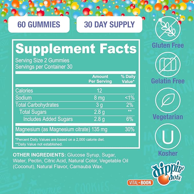 Dippin' Dots Magnesium Gummies for Women, Men & Kids – Razzle Raspberry – Magnesium Citrate Gummies with No Artificial Colors or Flavors – Vegan Friendly Calm Nerve Bone & Muscle Supplement (60 Count)