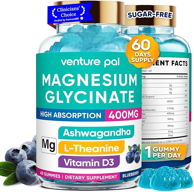 60 Day Supply Magnesium Glycinate 400mg Gummies with Ashwagandha, L-Theanine, CoQ10, Vitamin D3 & B6, Sugar Free Magnesium Gummies for Adults & Kids, Stress Relief, Sleep & Calm, Vegan, Gluten Free