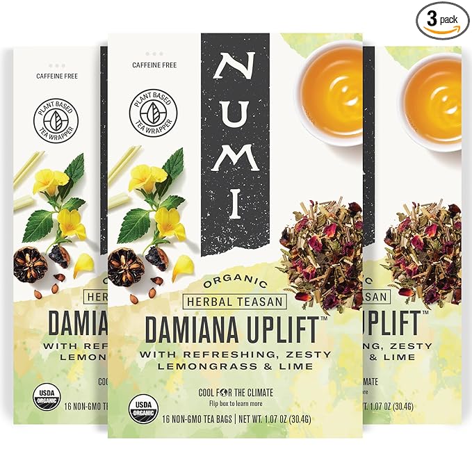 Numi Organic Damiana Uplift Herbal Tea – 48 Herbal Tea Bags – Energizing Blend for Mood Support Vitality & Daily Wellness