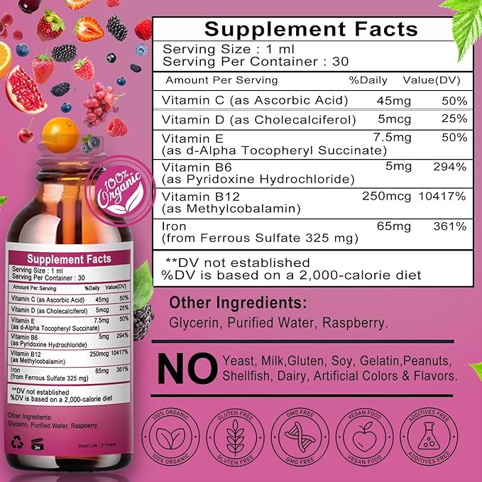 Iron Supplement for Women with Vitamin C,6-in-1 Liquid Supplement w/Vitamin B12,Vitamin B6,High Absorption Liquid Iron Drops for Red Blood Cells & Immune Support,Non-GMO, Gluten Free