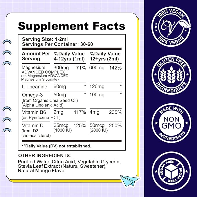 Kids Magnesium Liquid Drops-Magnesium Glycinate Liquid for Kids Supplement-w/L-theanine, Omega-3, Vitamin B6, D3 - for Sleep, Relaxation, Brain, Bones - Mango Flavor, 4 Fl Oz
