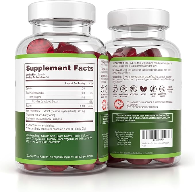 Sugar-Free Saw Palmetto Gummies for Men & Women - Saw Palmetto Extract Supplement for Hair Appearance, Hormone Balance & Prostate Wellness - Vegan Pectin Formula, Non-GMO, Gluten Free - 60 Count